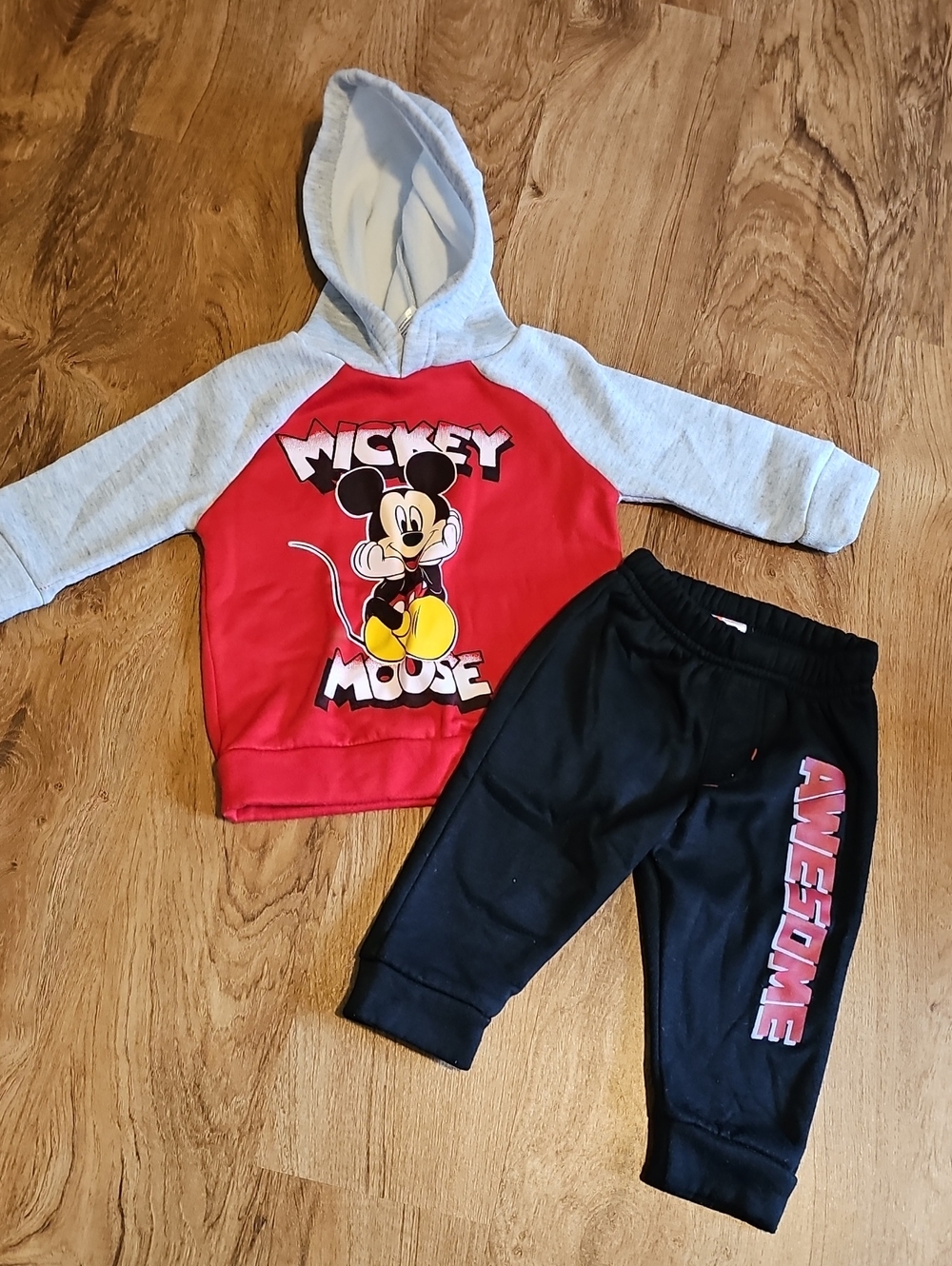 Red & Gray Mickey Hooded Pullover Set